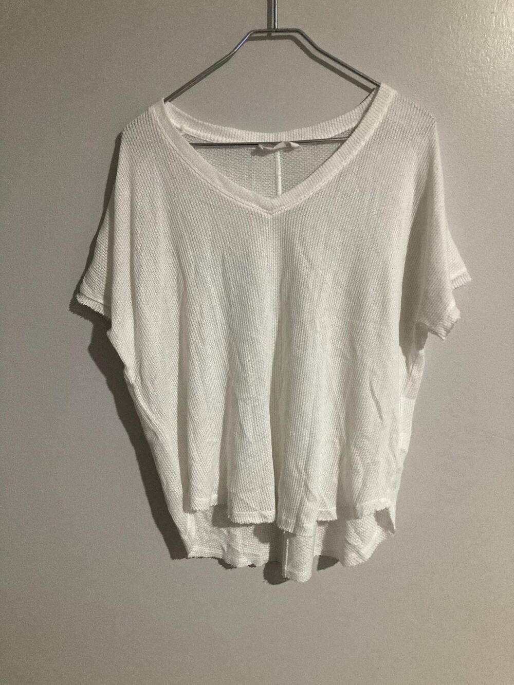Double Zero Sweater Womens S White Waffle-Knit V Neck Short Sleeve Pullover